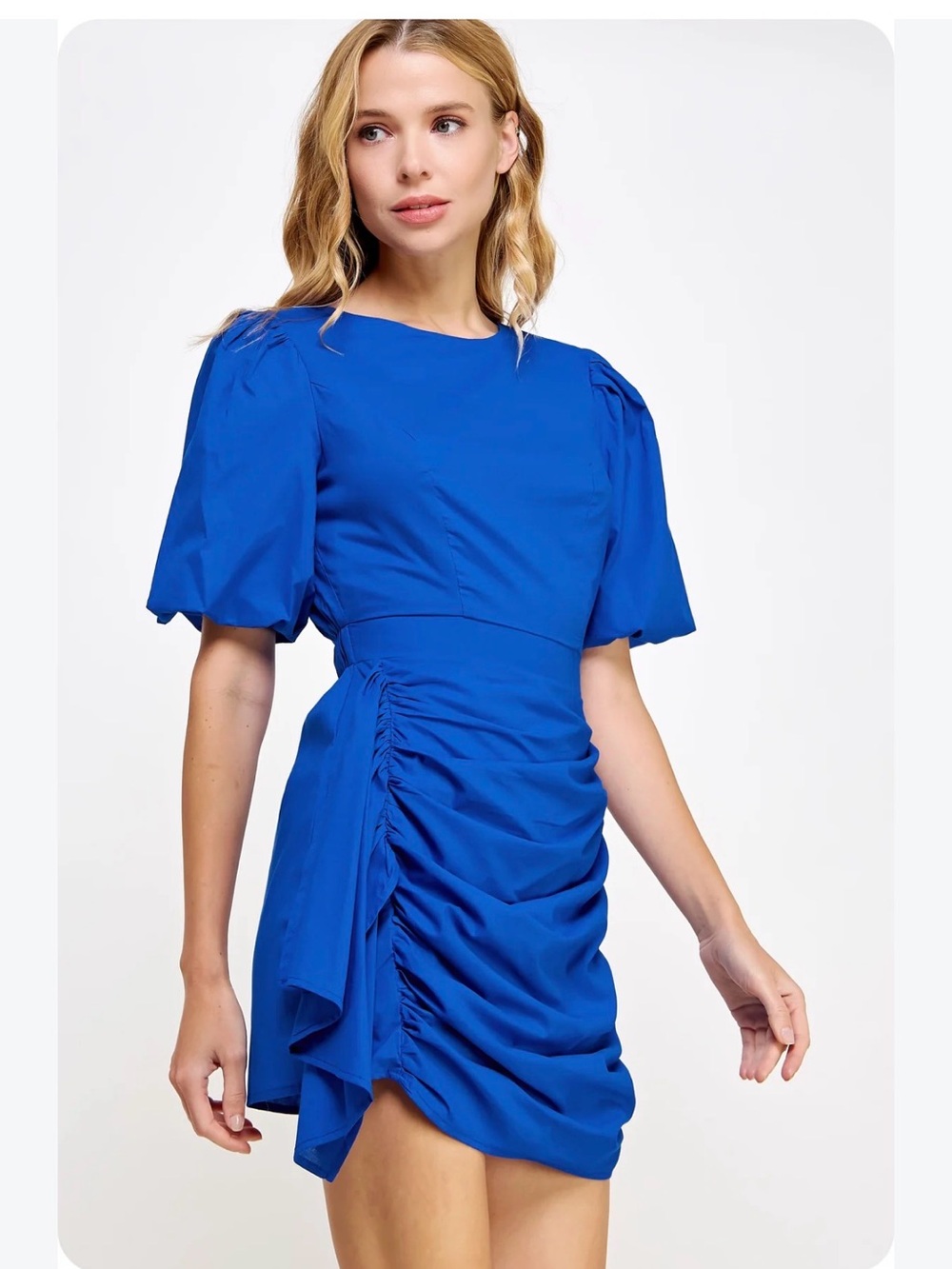 Golden Have it All Puff-Sleeve Ruched Mini Dress in Royal Blue Size S NWT